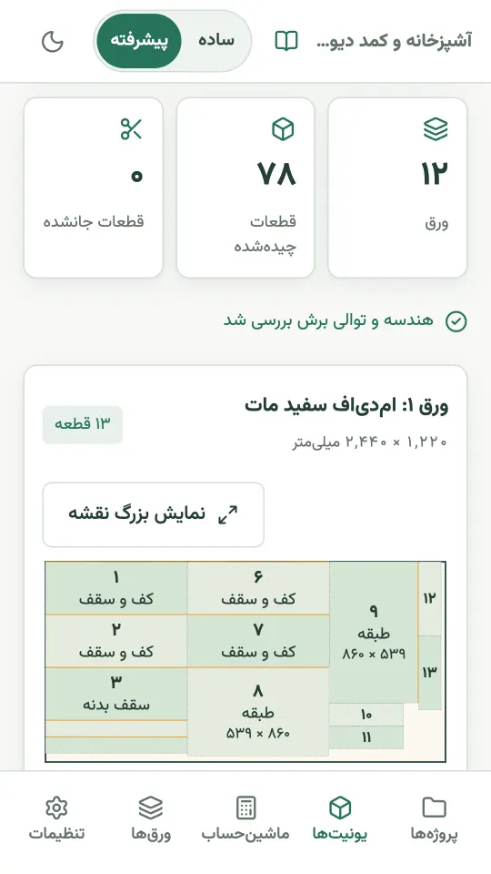 نقشهٔ برش ورق امدیاف ۲۴۴۰×۱۲۲۰ میلیمتر با شماره و نام قطعهها در کابینت کات